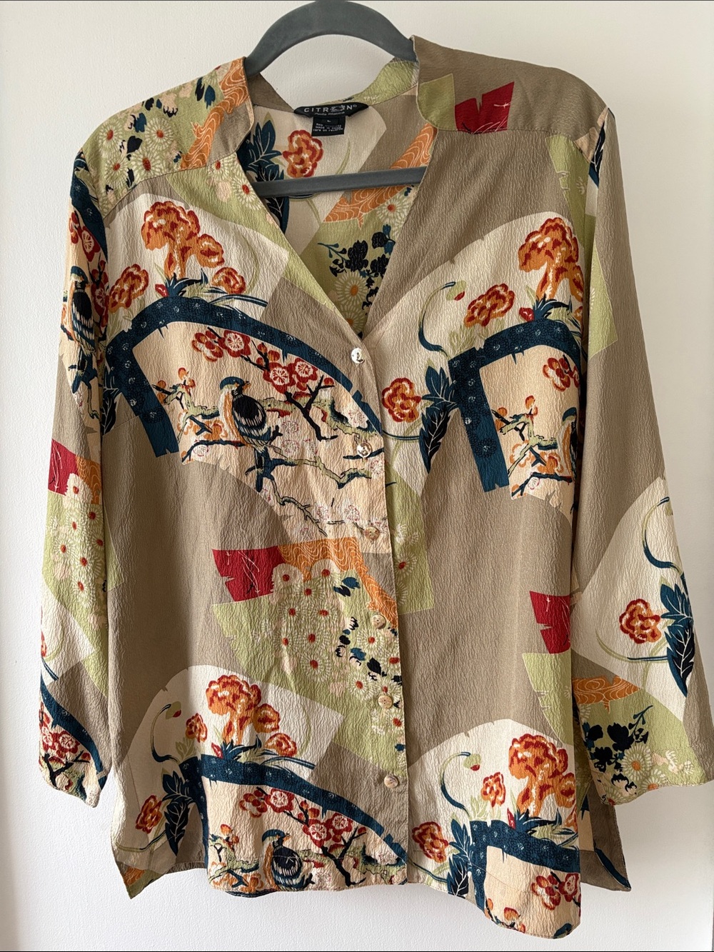 Citron Santa Monica Floral Birds Silk Blouse L